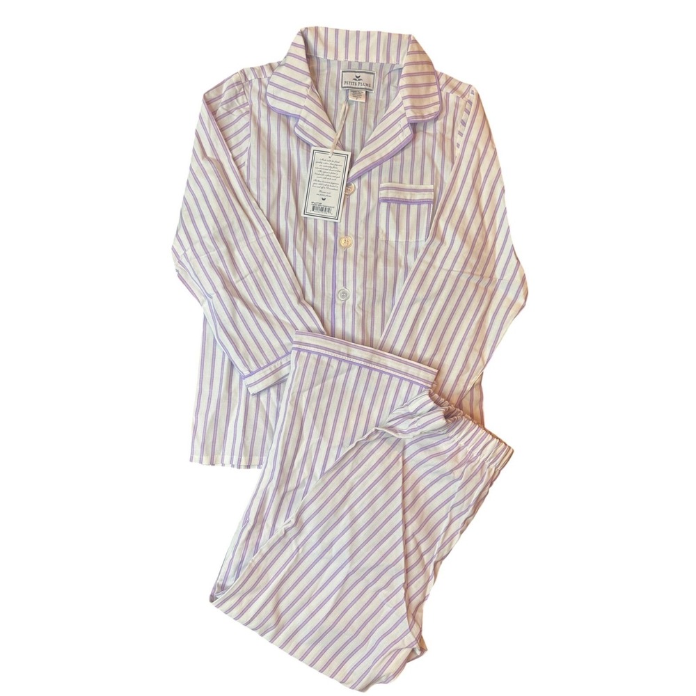 Petite Plume Girls Lavender Stripe Pajama Set Kids Size 7 Purple French Ticking - Picture 2 of 8